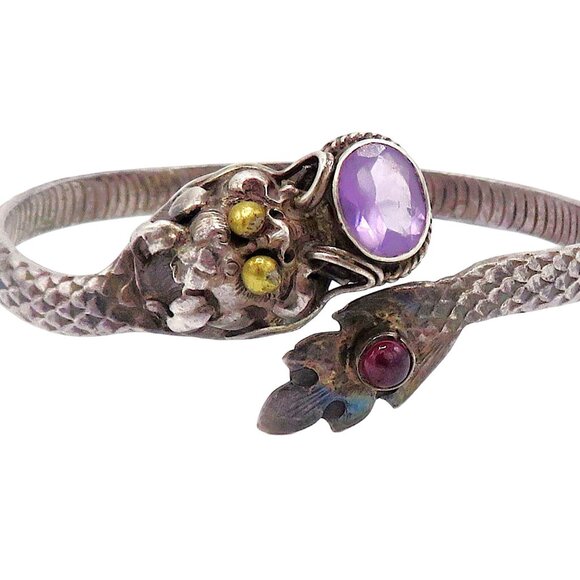 Vintage Sterling Silver Amethyst Snake Serpent Dragon Bangle/Cuff Style Bracelet - Picture 5 of 11